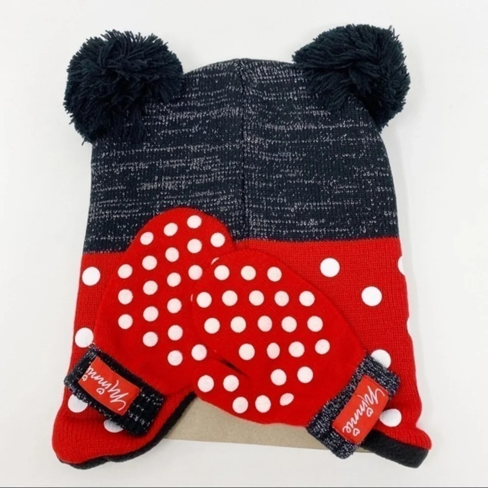 Disney Minnie Mouse Hat and Mittens Set Red Black Ages 2-4 years